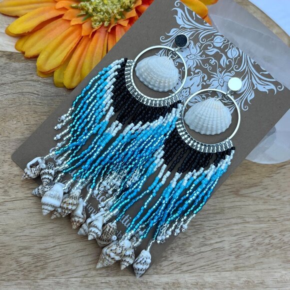 Handmade Beaded Long Tassel Fringe Dangle Drop Mermaid Post Shell Earrings - Picture 5 of 7